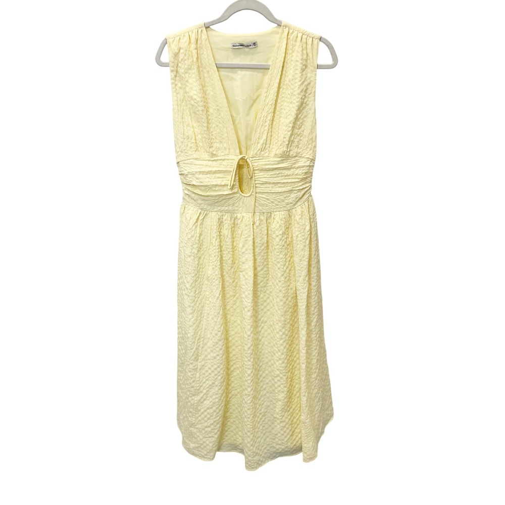 Abercrombie & Fitch Yellow Seersucker Ruched Midi Dress Coquette - Medium Petite
